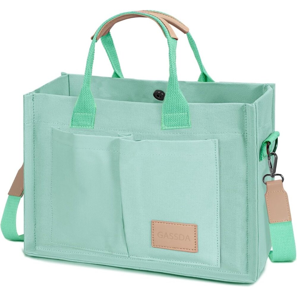 Women's Light Green Canvas Tote Pockets Handle Crossbody Shoulder Satchel Bag